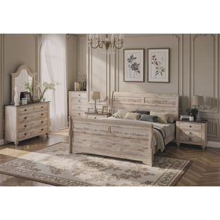 Sunvega White Wash Finish Queen Sleigh Bed Dresser Mirror and Nightstands Set