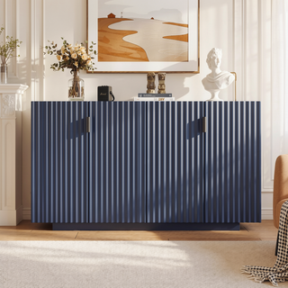 Sunvega Antique Navy Buffet Cabinet with 4 Fluted Doors and Adjustable Shelves
