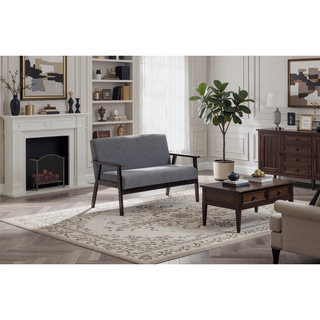 Sunvega 45 Inch Dark Gray Loveseat with Espresso Wood Arms and Full Foam Cushion