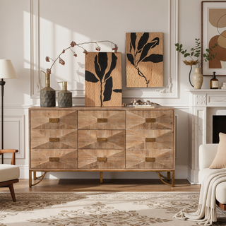 Sunvega Light Wood 6-Drawer Dresser with Geometric Relief and Gold Metal Legs