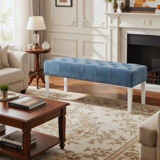 Sunvega Blue Velvet Upholstered Bench with Button Tufted Detail and Acrylic Legs