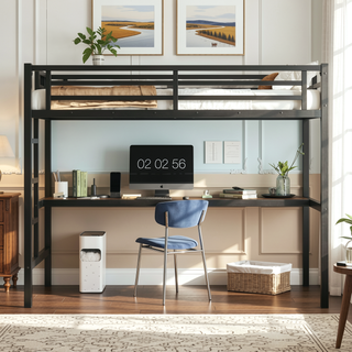 Sunvega Metal Twin XL Loft Bed with Desk, USB, LED Light, and Power Outlet