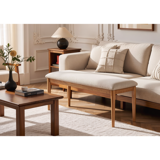 Sunvega Contemporary Warm Wood Beige Upholstered Fabric Dining Bench with Cushion Seats