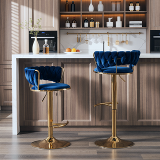 Sunvega Set of 2 Blue Velvet Swivel Bar Stools with Chrome Footrest and Adjustable Height