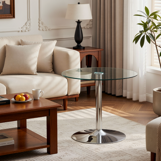 Sunvega 35 Inch Round Tempered Glass Dining Table with Silver Metal Legs