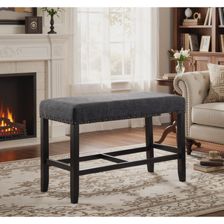 Sunvega Grey Linen and Cotton Fabric Pub Dining Bench with Nailhead Trim