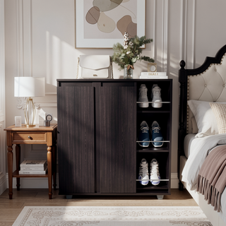 Sunvega Shoe Storage Cabinet with 8 Enclosed and 3 Open Side Shelves Wenge
