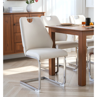 Sunvega White Faux Leather Dining Chairs Set of 2 with Gold Mesh Texture and Chrome Handle