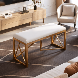 Sunvega Gold Metal Frame and White Velvet Upholstered Bench for Bedroom or Entryway