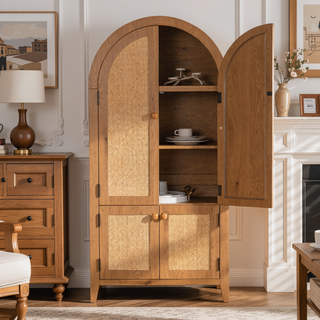 Sunvega Arched Rattan Pantry Cabinet with Adjustable Shelves for Kitchen Bathroom