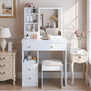 Sunvega Small Size Left Drawer Desktop Vanity Table with Cushioned Stool