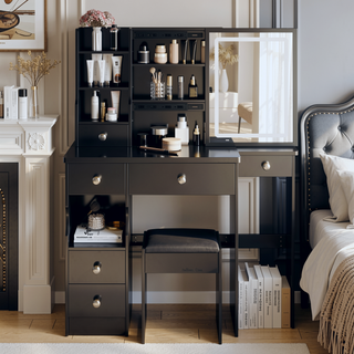 Sunvega Small Size Left Drawer Vanity Table with Cushioned Stool and LED Mirror for Small Spaces