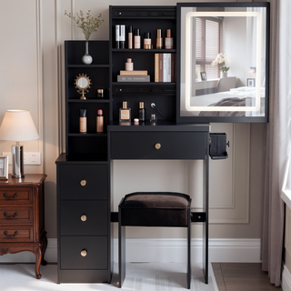 Sunvega Small Size Left Bedside Vanity Table with Cushioned Stool and Touch LED Mirror