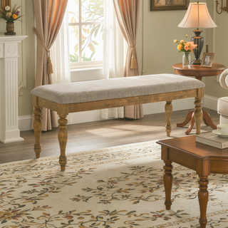 Sunvega Antique Natural Oak Wood Dining Bench with Cushion for Kitchen Dining Room
