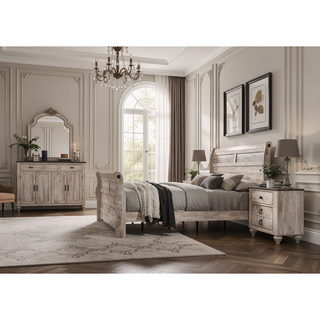 Sunvega White Wash Finish Queen Sleigh Bed Dresser Mirror and Nightstands Set