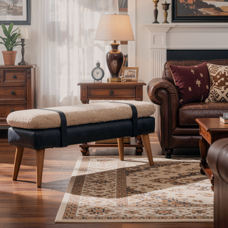 Sunvega Boucle and Black Leather Upholstered Bench with Nordic Wood Legs