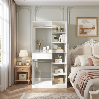 Sunvega Freestanding Closet System with 6 Open Shelves 2 Hanging Rods and 1 Wood Drawer