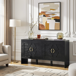 Sunvega Mid Century Modern Sideboard Buffet Cabinet with Geometric Pattern and Adjustable Shelves