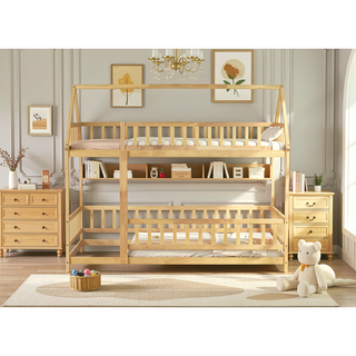 Sunvega Twin Size Wooden Floor Bed with Roof Frame and Safety Guardrails in Grey