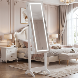 Sunvega Freestanding LED Jewelry Cabinet with Lockable Mirror and Ample Storage