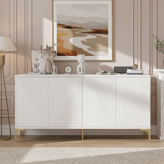 Sunvega White Modern High-Gloss Storage Cabinet with Carved Door Panels and Adjustable Shelves