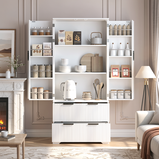 Sunvega Elegant French Refrigerator-Inspired Fluted Pantry Cabinet with 2 Drawers