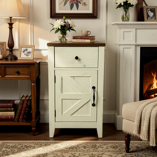 Sunvega Farmhouse End Table with Charging Station, Barn Door, and Drawer for Bedroom