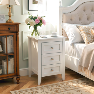 Sunvega Modern White Nightstand with 3 Drawers and Charging Station for Bedroom