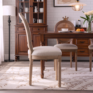Sunvega French Style Solid Wood Frame Linen Fabric Oval Back Dining Chairs Set of 2