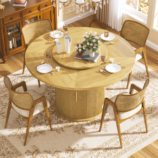 Sunvega 55-inch Round Dining Table for Six with Rotating Tabletop and Storage Rack