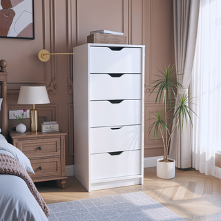 Sunvega White 5 Drawer Tall Dresser with Pull Out System Compact Size