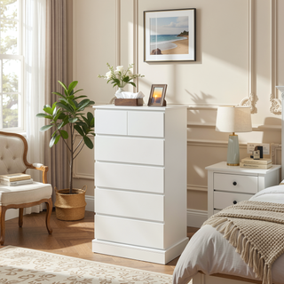 Sunvega Modern White 6 Drawer Tall Dresser with Concealed Handles for Bedroom