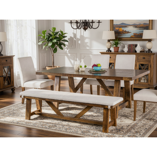 Sunvega Modern Upholstery Bench with Cushion and Rustic Style Trestle Base