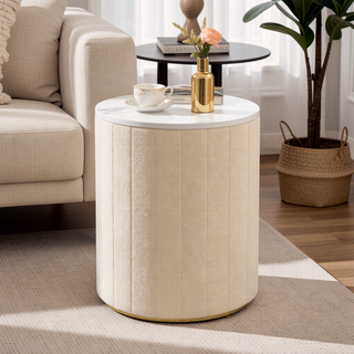 Sunvega Upholstered Round Nightstand with 3 Drawers and Marbling Top