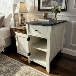 Sunvega Farmhouse End Table with Charging Station, Barn Door, and Drawer for Bedroom