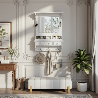 Sunvega Floating Makeup Vanity with Large Mirror Drawers Pockets and Hooks