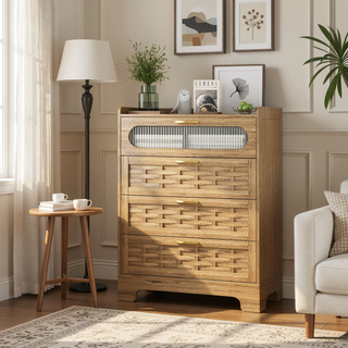 Sunvega Mid-Century Wood Storage Cabinet with 3 Woven Doors and Adjustable Shelf