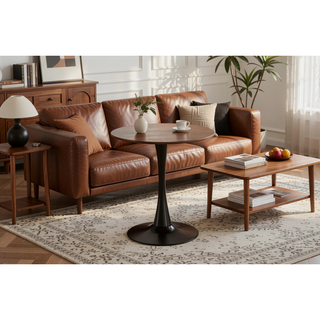 Sunvega Mid-Century Modern Walnut Round Dining Table with White Pedestal Base for 4