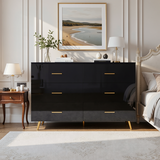 Sunvega High Glossy Black Dresser with Golden Handles and 6 Large Drawers