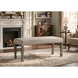 Sunvega Antique Gray Finish Upholstered Nailhead Trim Bench with Cushioned Seat