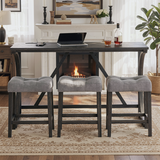 Sunvega 59 Inch Bar Table Set with Power Outlet and 3 Upholstered Stools for Living Room