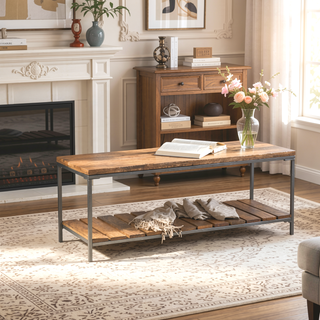 Sunvega Natural Mango Wood Bench with Gunmetal Frame and Slat Shelf