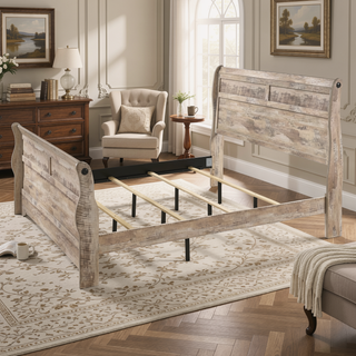 Sunvega White Wash Finish King Sleigh Bed Dresser Mirror Nightstand Bedroom Set