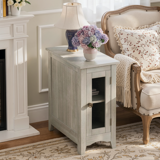 Sunvega Narrow Accent Side Table with Closed Cabinet and Metal Knob in Washed Grey Veneer