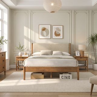 Sunvega 6-Piece Rubberwood Bedroom Set with Queen Bed Dresser Mirror Nightstands Chest