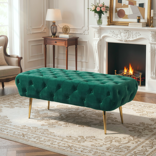Sunvega Green Velvet Button Tufted Bench with Gold Metal Legs for Bedroom