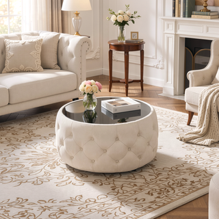 Sunvega Modern Glam Velvet Ottoman with Tempered Glass Top and Button Tufting