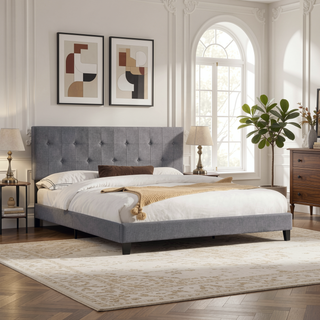 Sunvega King Size Upholstered Platform Bed with Button Tufted Linen Headboard