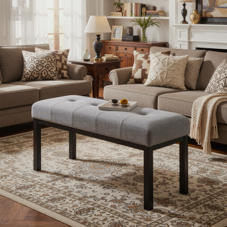 Sunvega Modern Tufted Linen Entryway Bench with Black Rubber Wood Legs for Kitchen