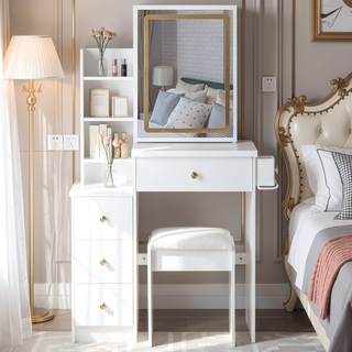 Sunvega Small Size Left Bedside Vanity Table with Cushioned Stool and Touch LED Mirror